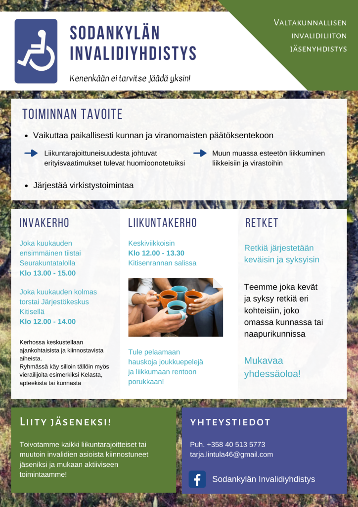 Esite Sodankylän invalidiyhdistyksen toiminnasta.